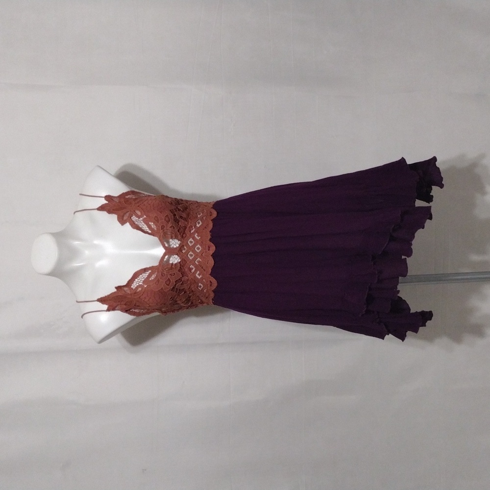Free People Adella Lace Slip Dress M Copper Purple Boho Asymmetrical Ruffle Hem